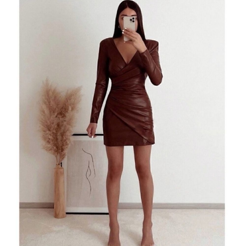 Nwt ZARA FAUX LEATHER DRESS BROWN NWT S bloggers fav - Picture 7 of 16